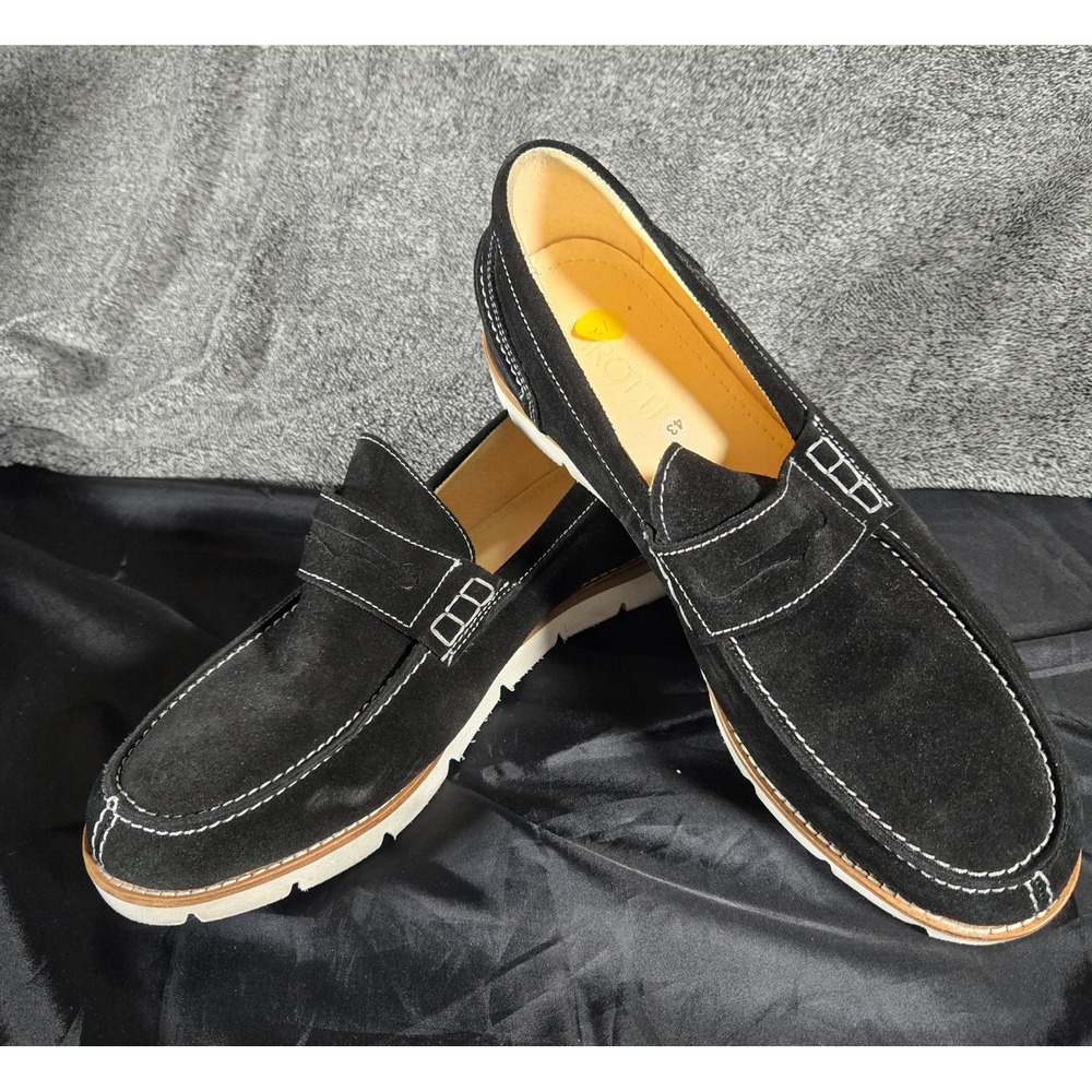 Girotti Black Suede Penny Loafers White Contrast Stitching Wedge Sole Mens EU 43